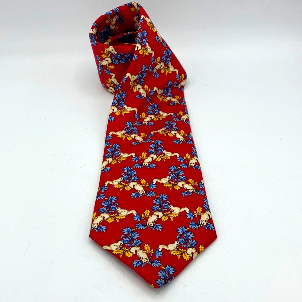 Burberry Men’s Red Squirrel Silk Tie Fall Autumn Thanksgiving